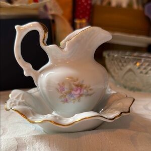 Vintage Lefton China Hand painted Flowers.  
Petite Pitcher and Wash Bowl